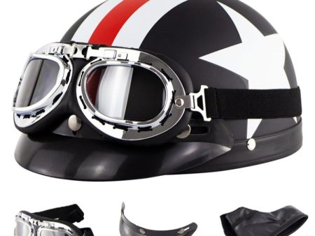 Soman Electromobile Motorcycle Half Face Helmet Retro Harley Helmet with Goggles(Matte Black French White Star) Hot on Sale